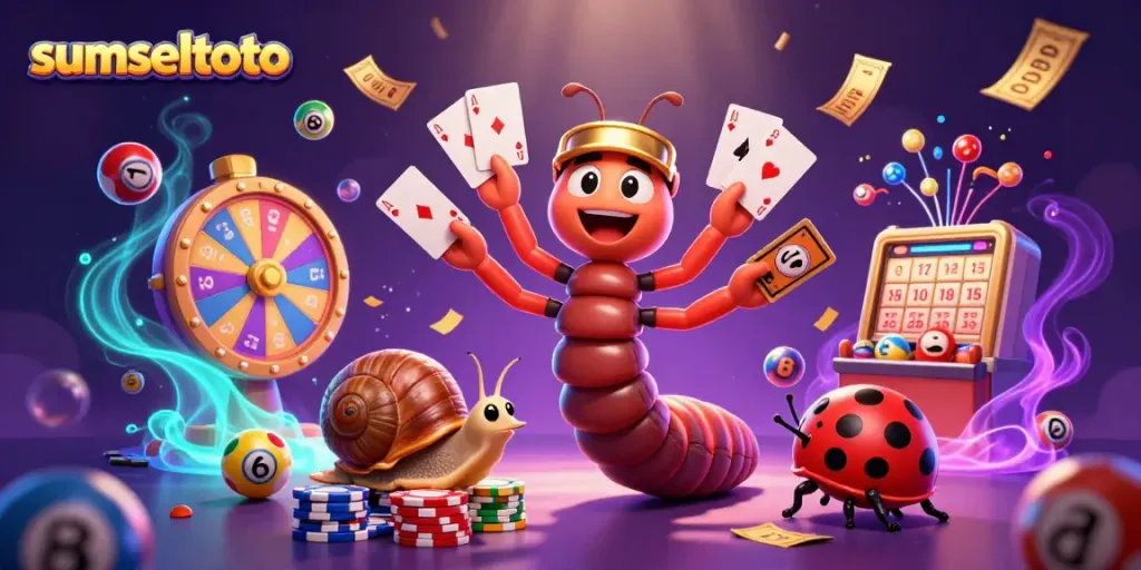 Engage in thrilling casino action with sumseltoto featuring vibrant lottery elements and energetic characters.
