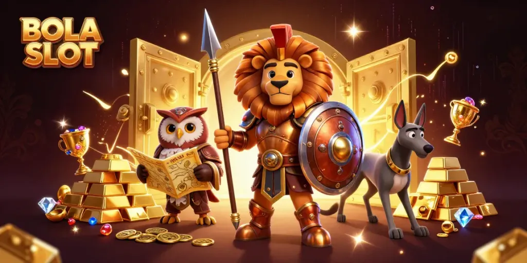 BOLA SLOT showcases a vibrant illustration with a Spartan lion, owl strategist, and greyhound amidst gold treasures, embodying casino excitement.