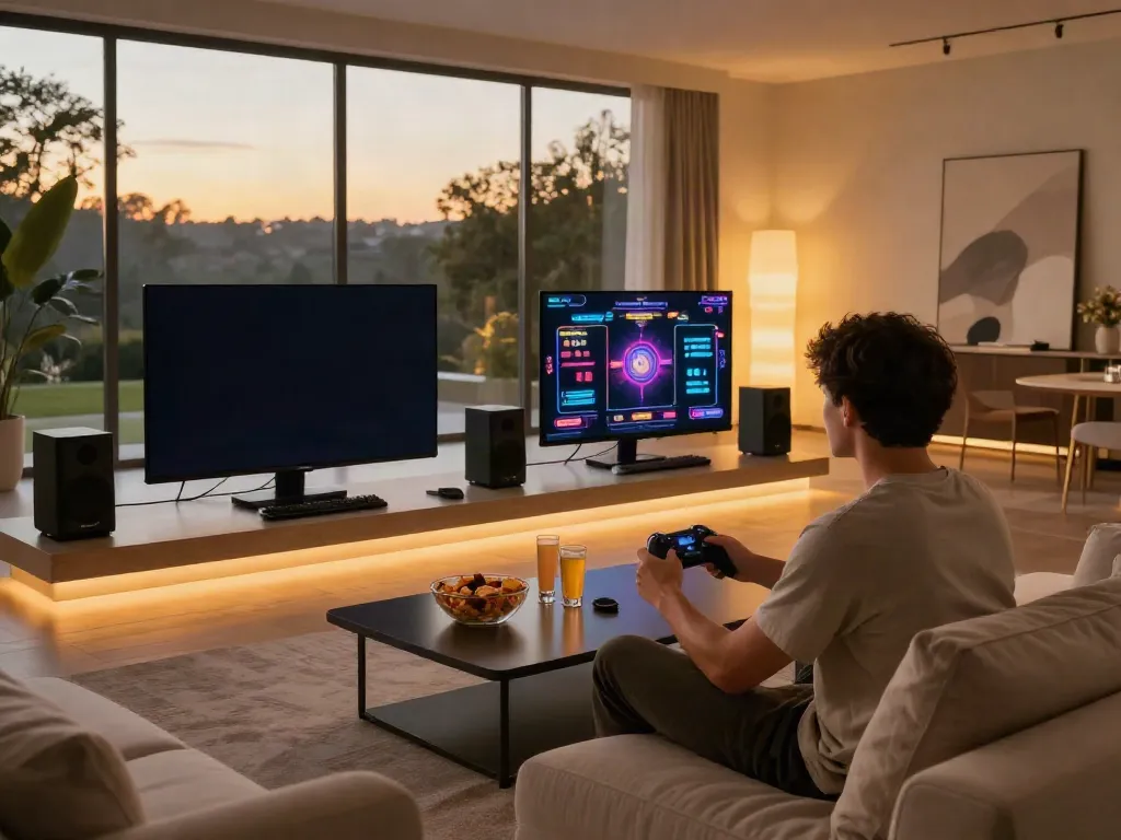 Luxurious gaming experience at home featuring player engaged in online slots on big screen with ambient lighting and snacks.