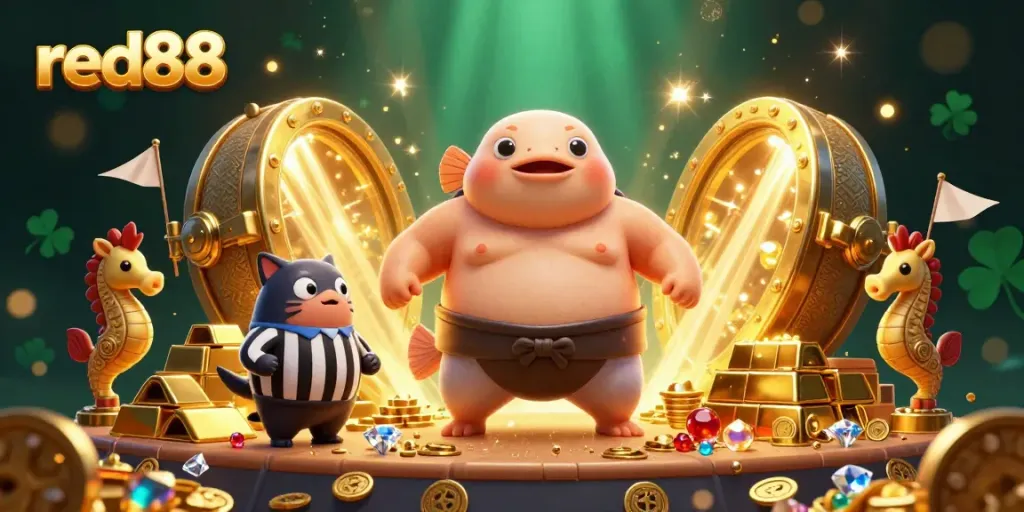 Engage in exciting gameplay with red88 featuring a unique underwater casino scene highlighting dynamic characters and lavish treasures.