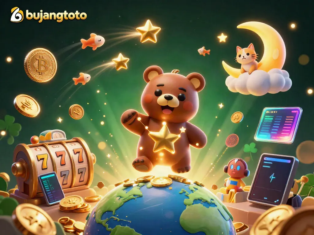 Engage with bujangtoto while winning: Explore a vibrant slot jackpot scene with golden stars.