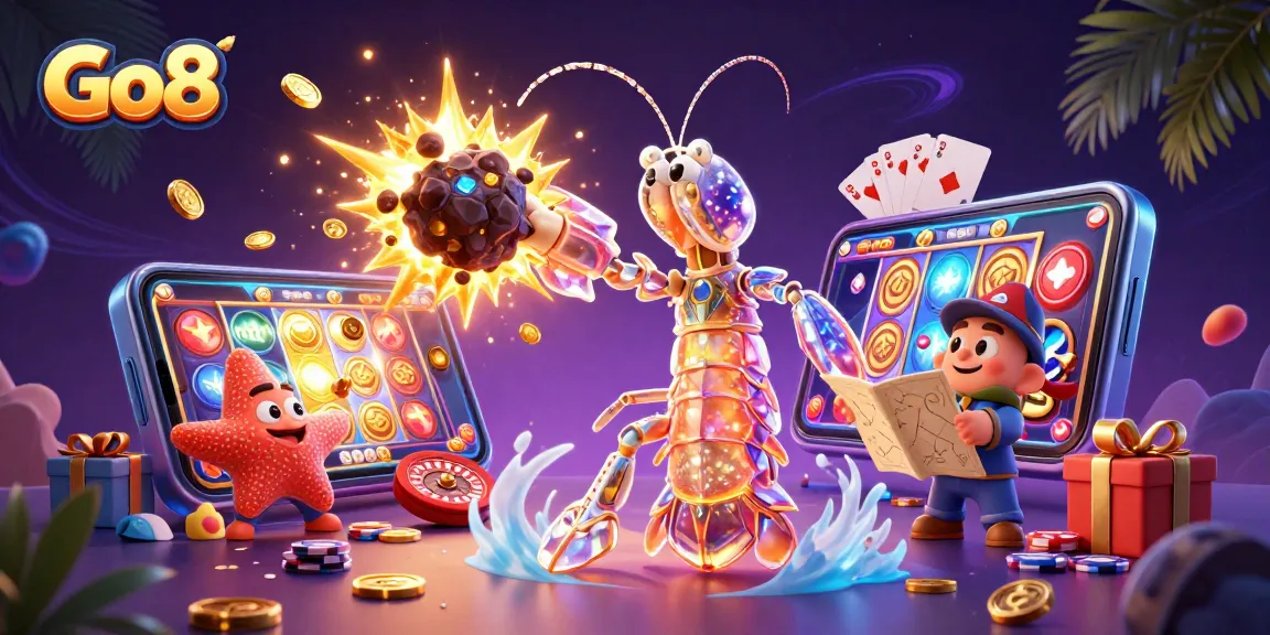 Engage with Go8's thrilling casino scene featuring a galactic mantis shrimp and starfish, capturing action and excitement.