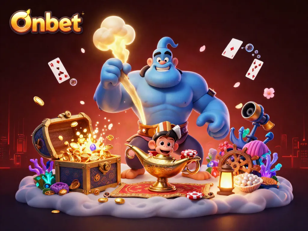 Experience the thrill of winning at Onbet with a vibrant casino scene featuring a genie, monkey, and poker chips.