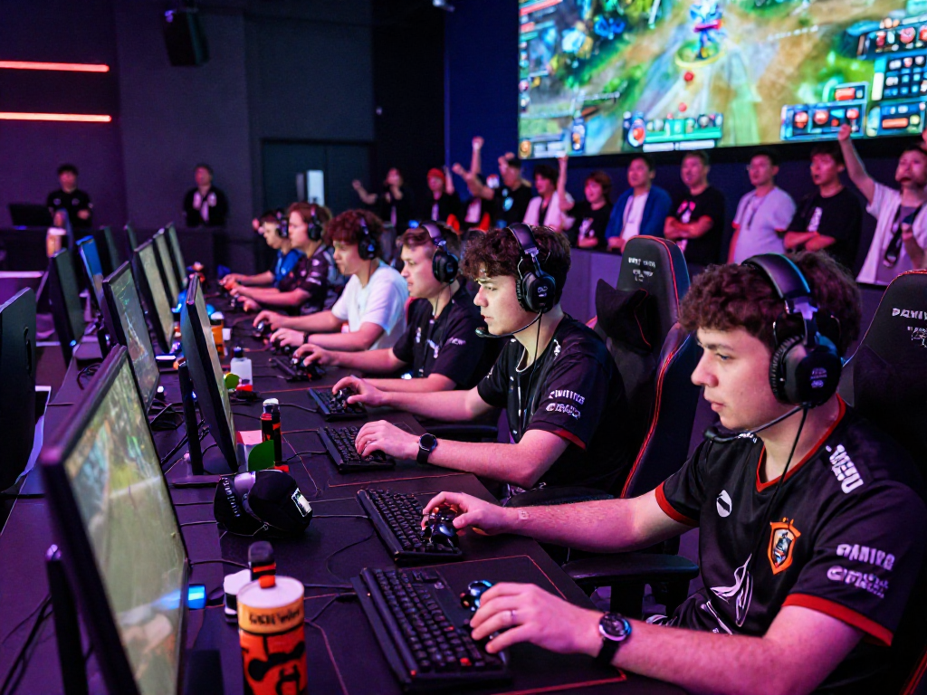 먹튀폴리스 관련 매력적인 esports 대회 현장, 다양한 게이머들이 경기에 집중하고 있는 모습