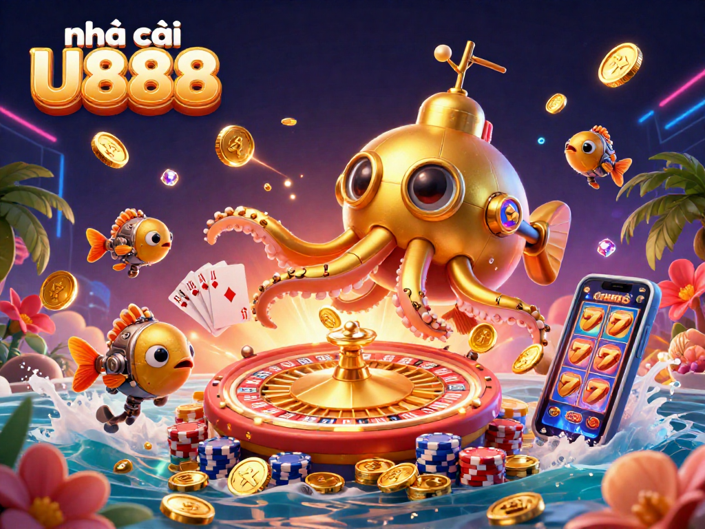 Engage with nhà cái U888’s vibrant casino experience, featuring a dynamic scene of golden kraken submarine and roulette.