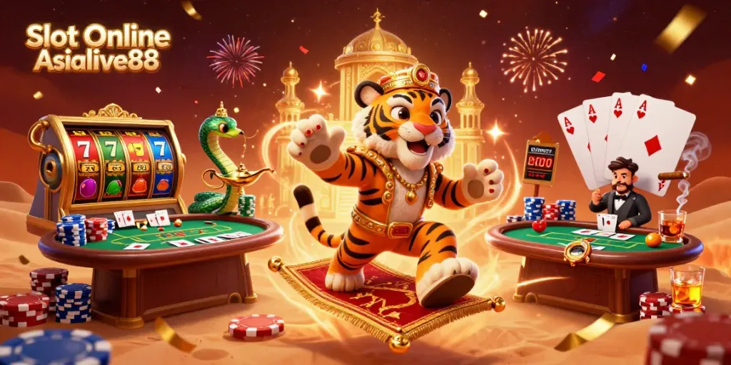 Experience thrilling gameplay at Slot Online Asialive88 with a vibrant casino scene featuring dynamic characters and elements.