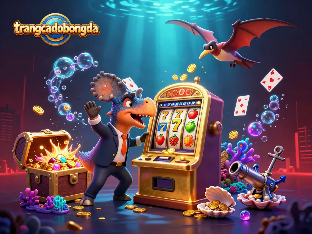 Engage with trangcadobongda as a cartoon pachycephalosaurus hits a jackpot slot machine amid a vibrant casino scene.
