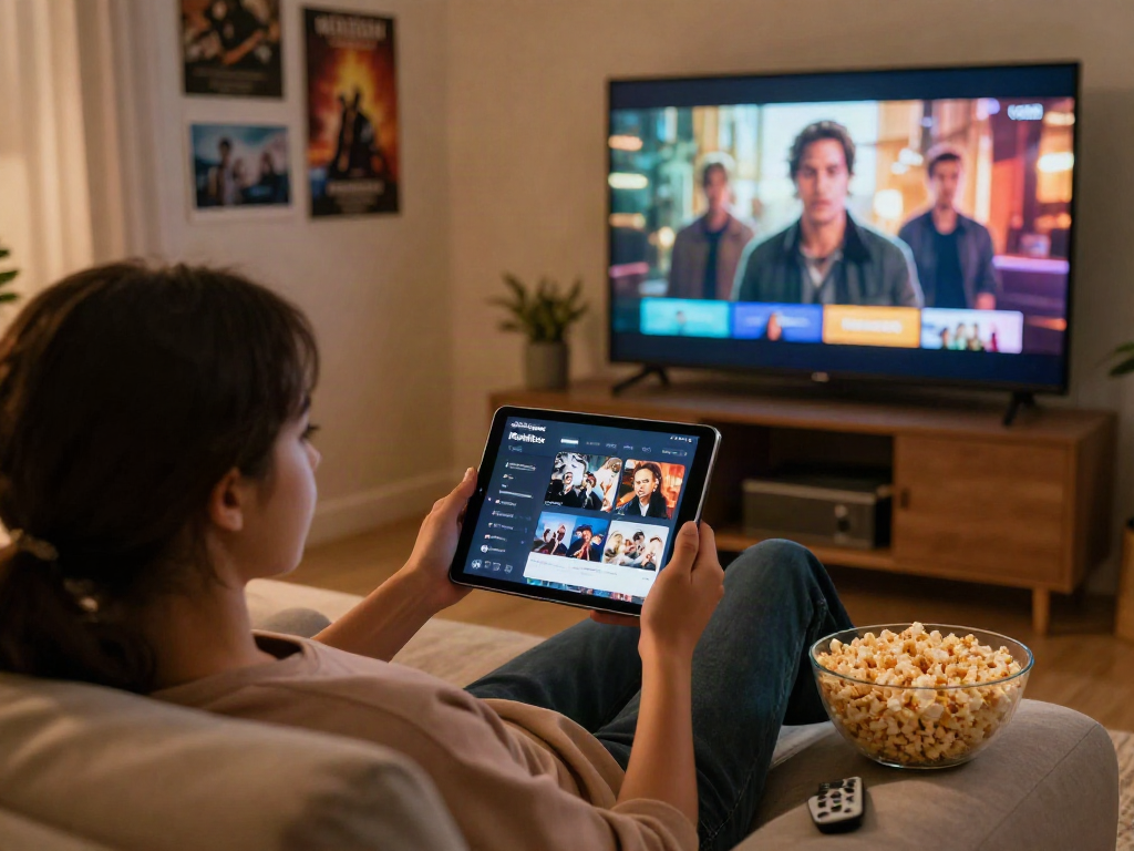 Watch movies easily with the Moviebox app on a cozy couch surrounded by popcorn and film posters.