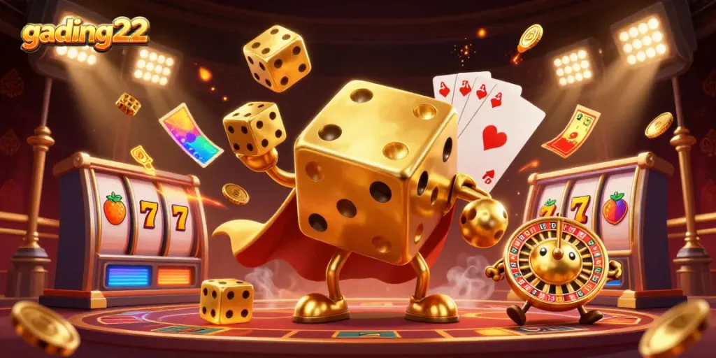 Experience thrilling slot action with gading22 in a vibrant casino-themed illustration.