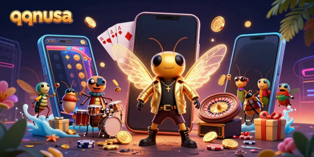 Experience thrilling wins with qqnusa in this vibrant casino-themed illustration.