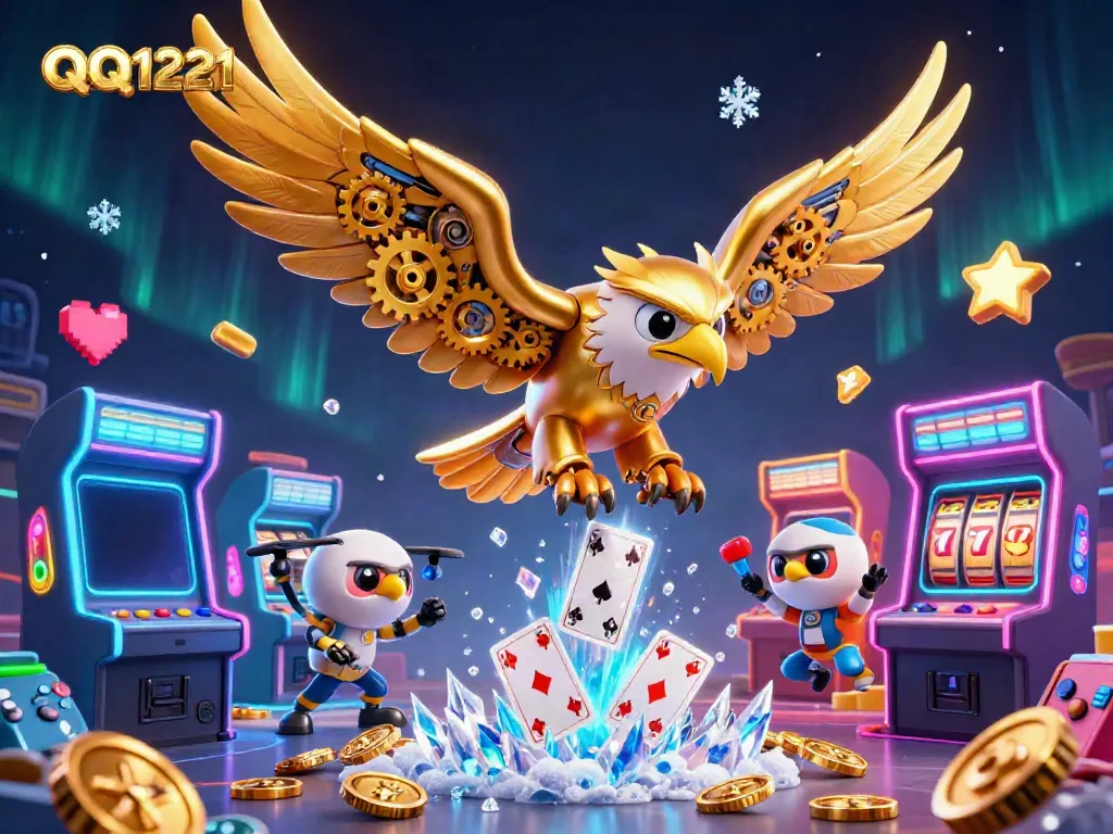 Engage in thrilling gameplay with QQ1221, featuring a golden eagle amidst vibrant holographic cards and slot game elements.