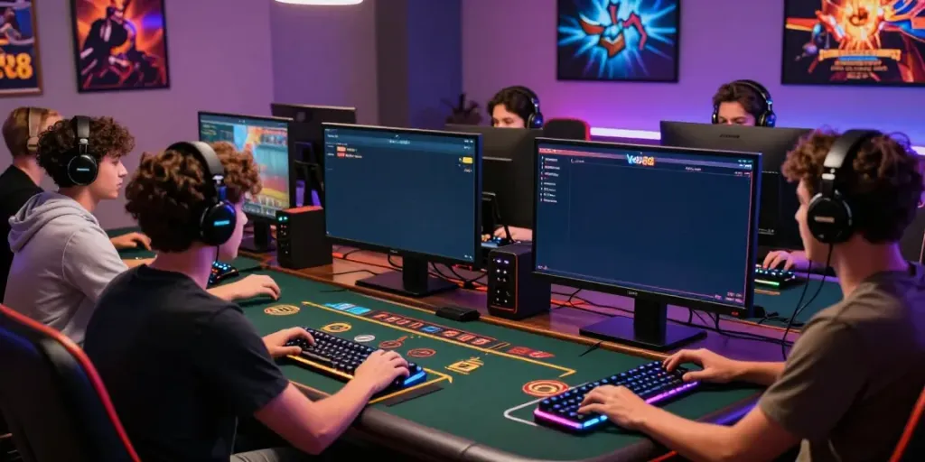 Engaged players exploring Link Alternatif Vegas88 in a vibrant gaming room.