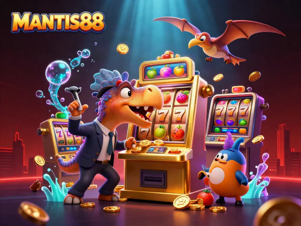 MANTIS88 showcases a dynamic scene with a dinosaur interacting with a slot machine, surrounded by casino elements.