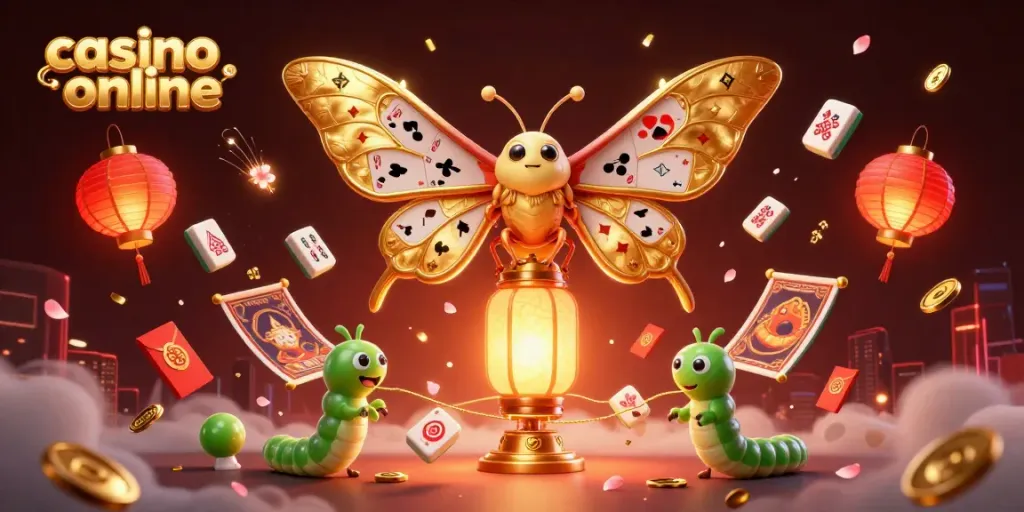 Engage with casino online through a vibrant illustration featuring a moth and casino elements.