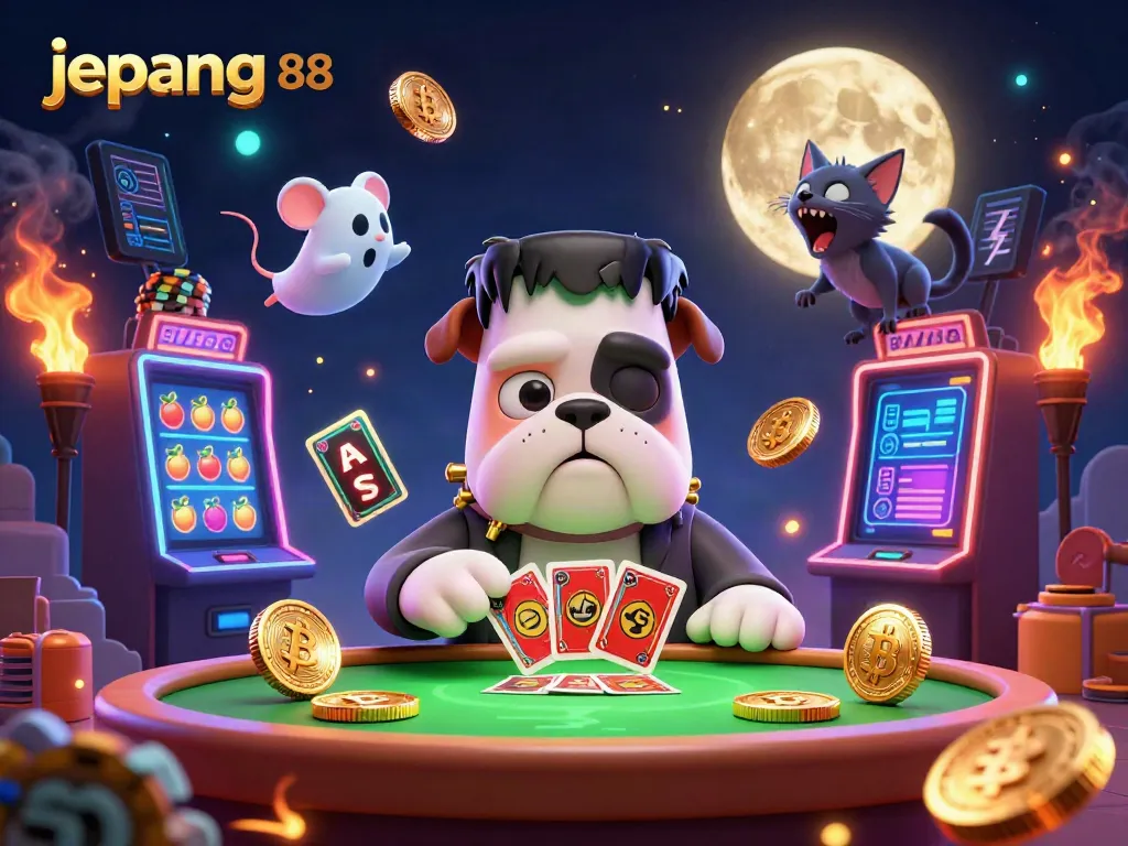 Experience excitement with Jepang 88 as a Frankenstein bulldog deals cards at a spooky table in this dynamic casino scene.
