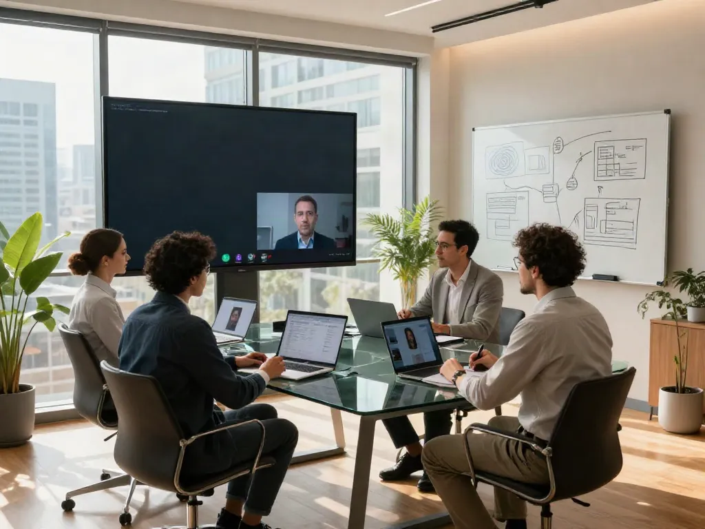 Team collaborating in deepfake protected meetings using technology in a professional office.
