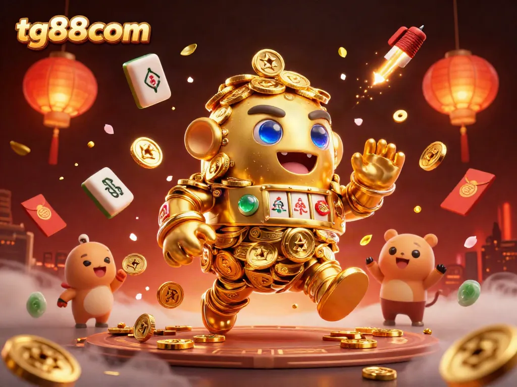 Experience the thrill of gaming at tg88com with a golden golem surrounded by vibrant casino elements.