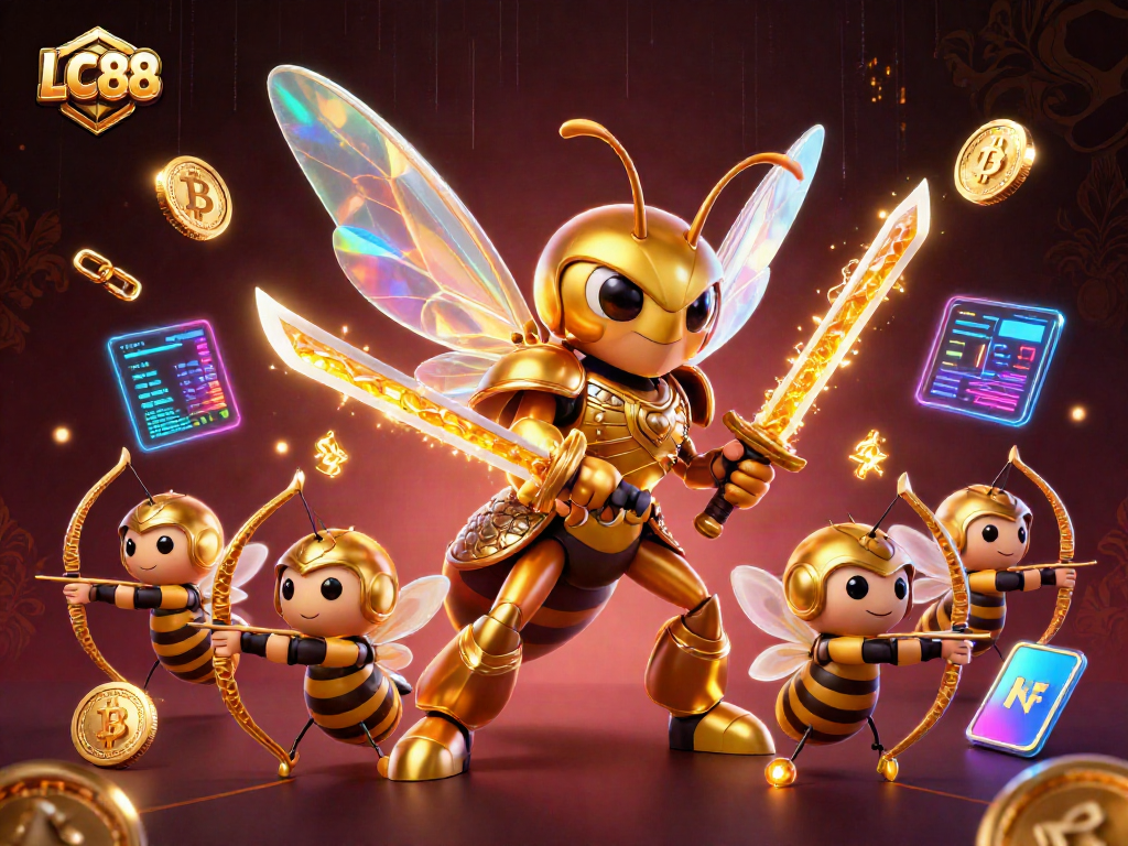 Engage with the vibrant LC88 crypto casino scene showcasing a golden hornet samurai amidst dynamic gaming elements.