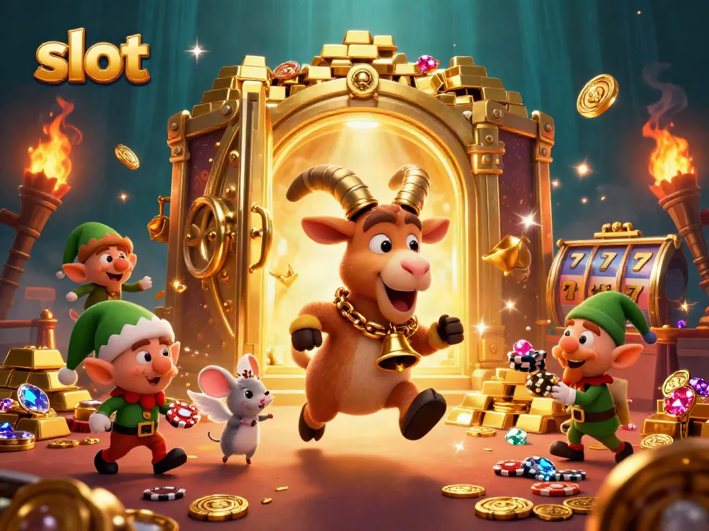 Engaging illustration of a Krampus goat in a spooky casino setting, showcasing vibrant slot machine elements.