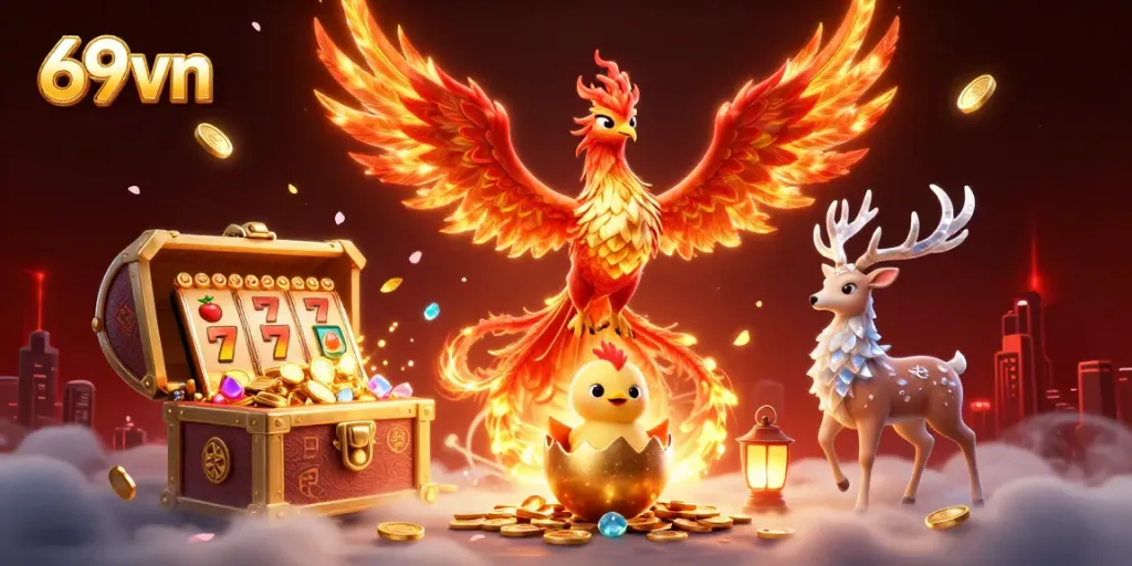 Experience thrilling 69vn gameplay with a majestic phoenix and spectacular gold treasures amidst captivating casino elements.