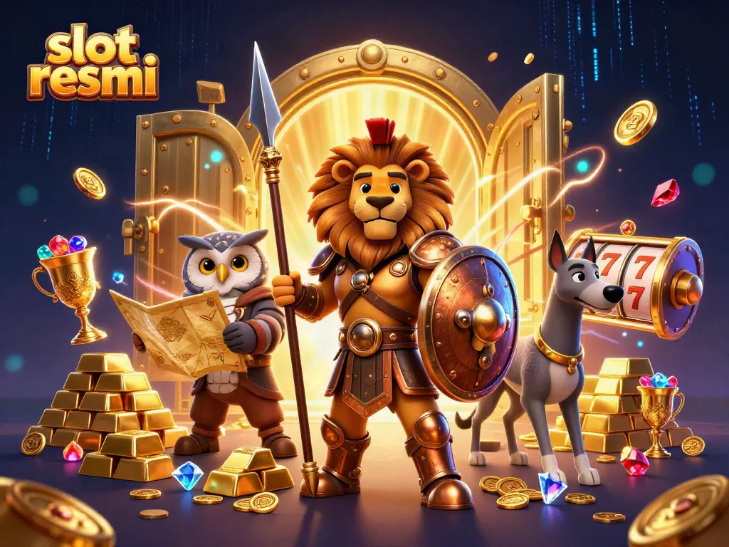 Spin and win with slot resmi featuring dynamic characters, gold treasures, and vibrant casino elements.