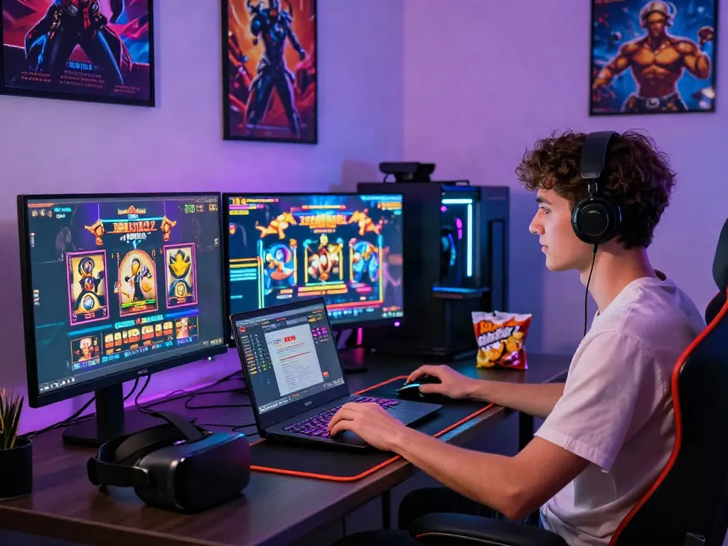 Online gaming enthusiast enjoying slot gacor games on multiple monitors in a vibrant modern gaming setup.