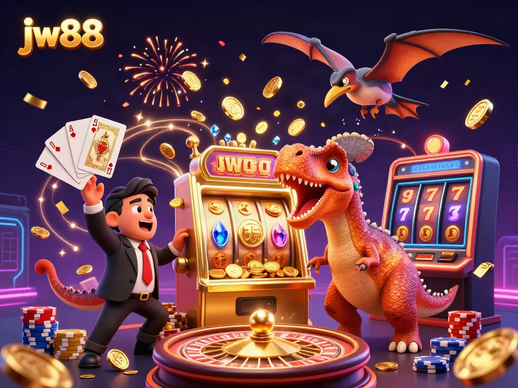 JW88 players enjoying soaring jackpots in a vibrant casino scene with golden coins flying.