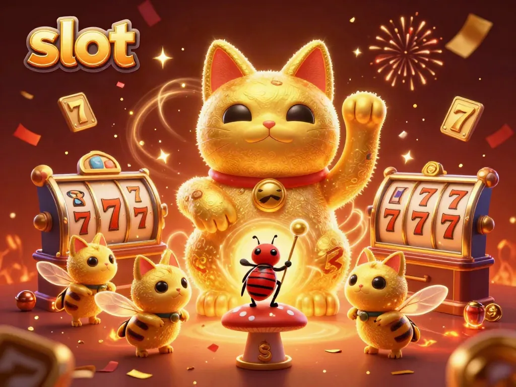 Slot memikat dengan simbol mesin slot dan makhluk kartun keberuntungan yang bersinar.