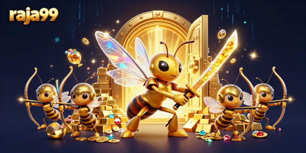 Engage with raja99 through a vibrant 3D casino adventure featuring a samurai hornet and treasure.