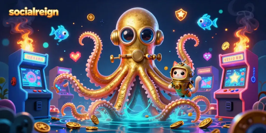 Join the fun at socialreign with a captivating kraken and diving cat amidst colorful casino elements!