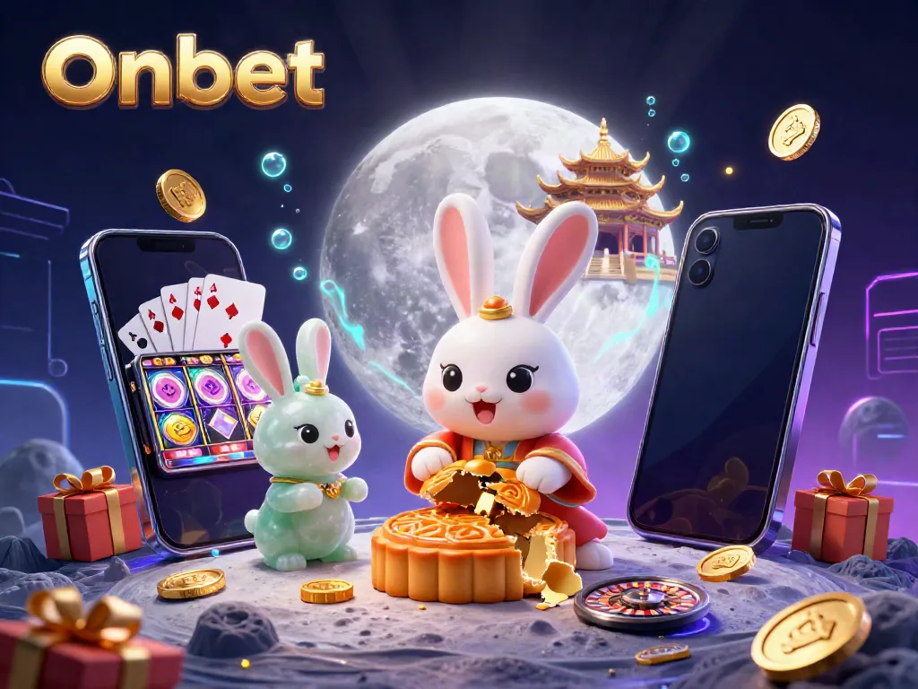 Experience Onbet's vibrant casino gaming world with a moon rabbit in a lively 3D illustration.