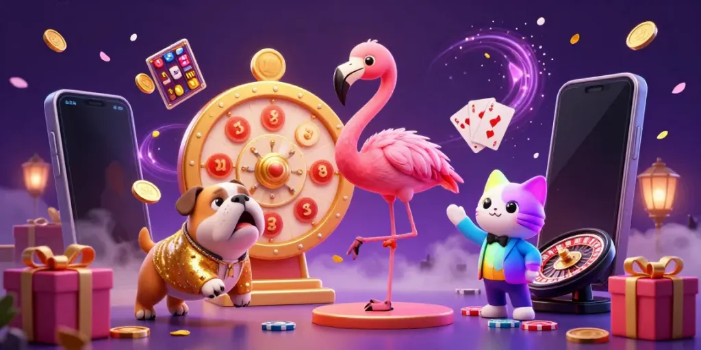 NIASTOTO's vibrant casino scene showcases a flamingo game show host with a golden prize wheel, exciting game elements, and lively characters.