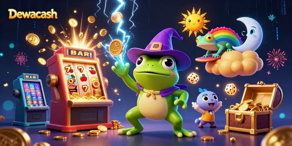 Dewacash captures thrilling casino action with a wizard frog and a chameleon surrounded by golden coins.