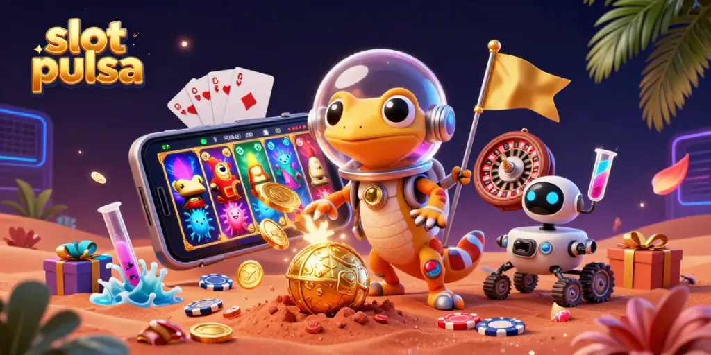 Experience the thrill of slot pulsa with an adventurous Martian gecko and exciting casino elements.