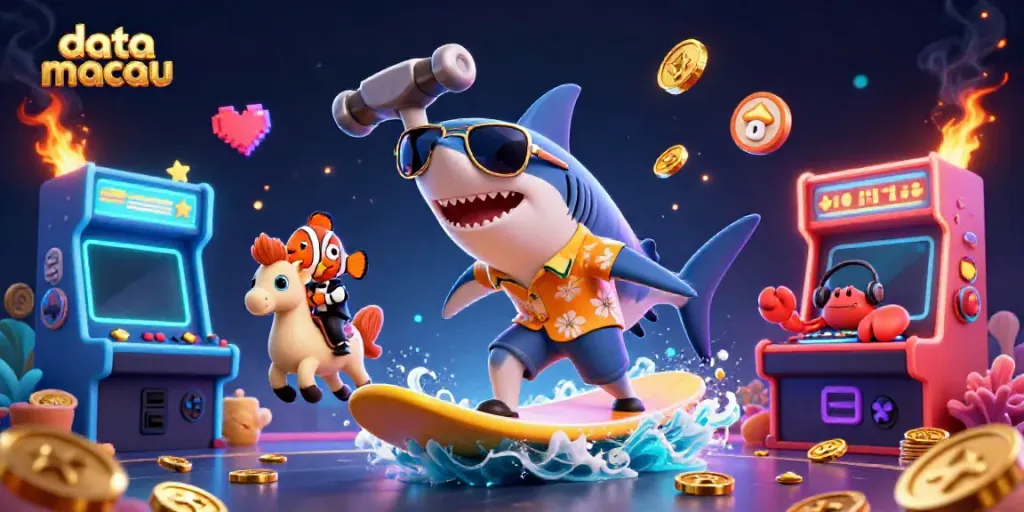 Menampilkan data macau pada ilustrasi kartun 3D dengan hiu dan badut laut yang menghibur di tengah tumpukan koin emas.