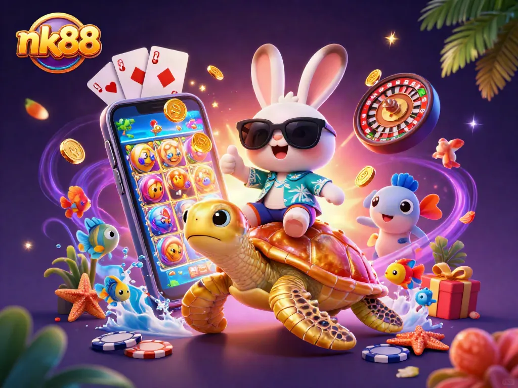 Play exciting games with nk88 in this lively casino illustration featuring joyful characters.