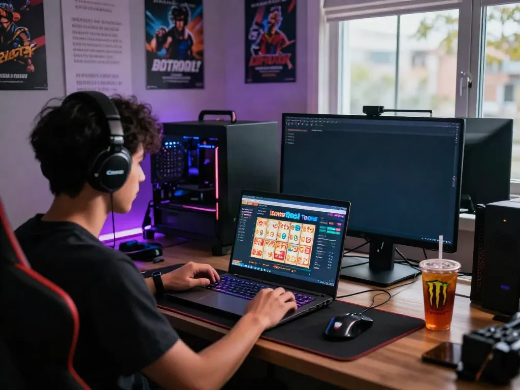 Focused player enjoying the Login Dewatogel experience in a cozy gaming setup with ambient lighting.