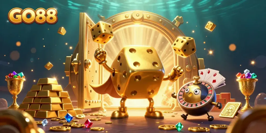 Engage with GO88, featuring a vibrant 3D scene where dice and treasure create a thrilling casino atmosphere.