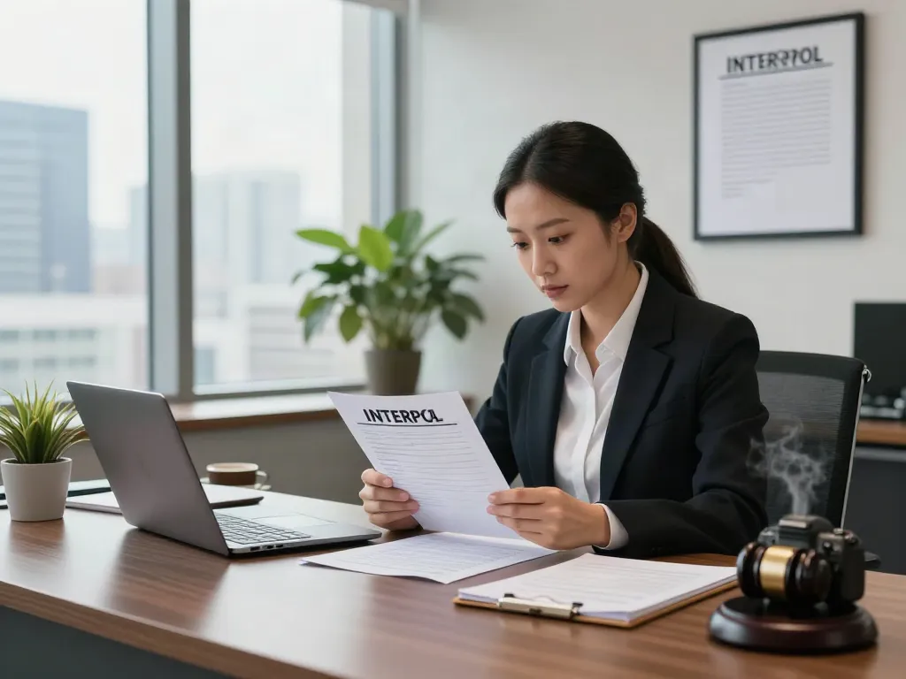 Attorney reviewing INTERPOL Red Notice documents in a professional office setting for Removal processes.