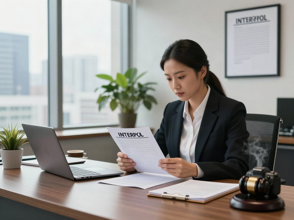Attorney reviewing INTERPOL Red Notice documents in a professional office setting for Removal processes.