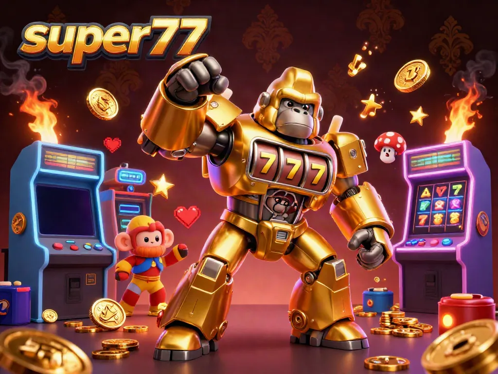 Experience thrilling gaming action at super77 featuring a golden gorilla mech surrounded by exciting slot elements.
