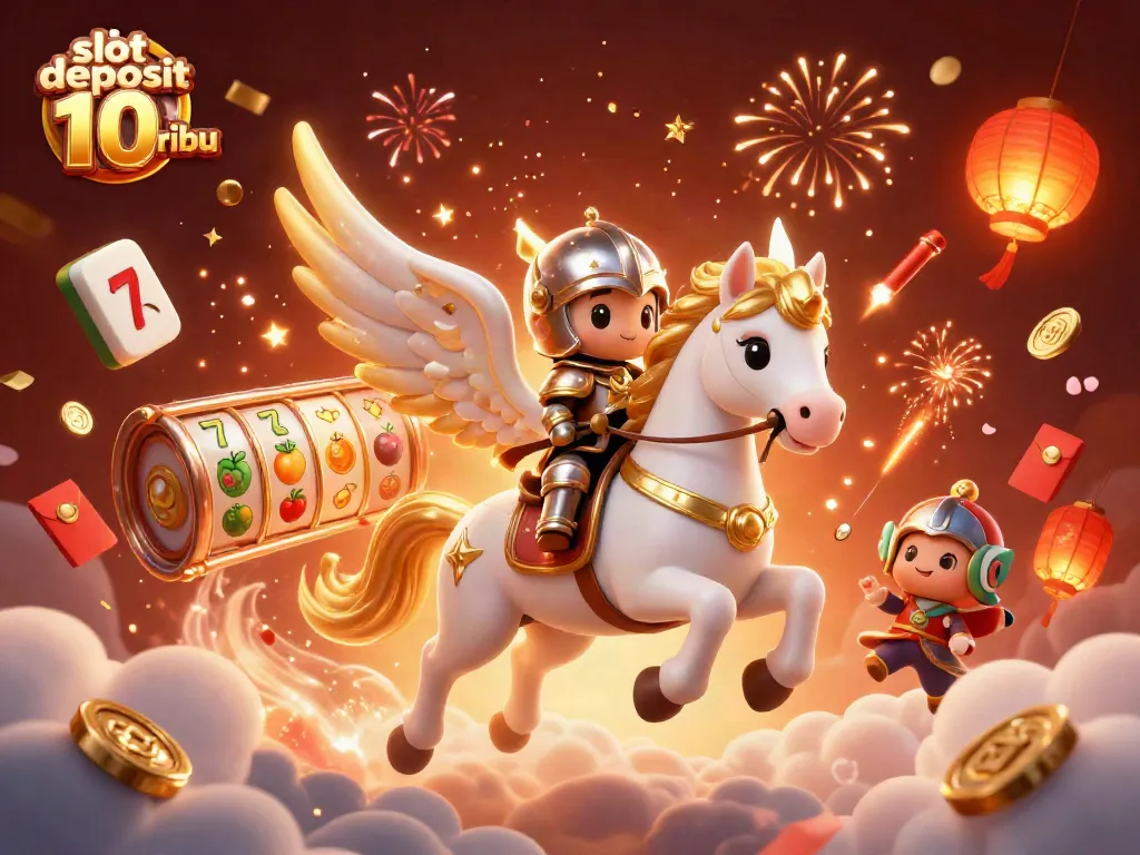 Experience the thrill of slot deposit 10 ribu with dynamic gaming elements, vivid colors, and celebration.