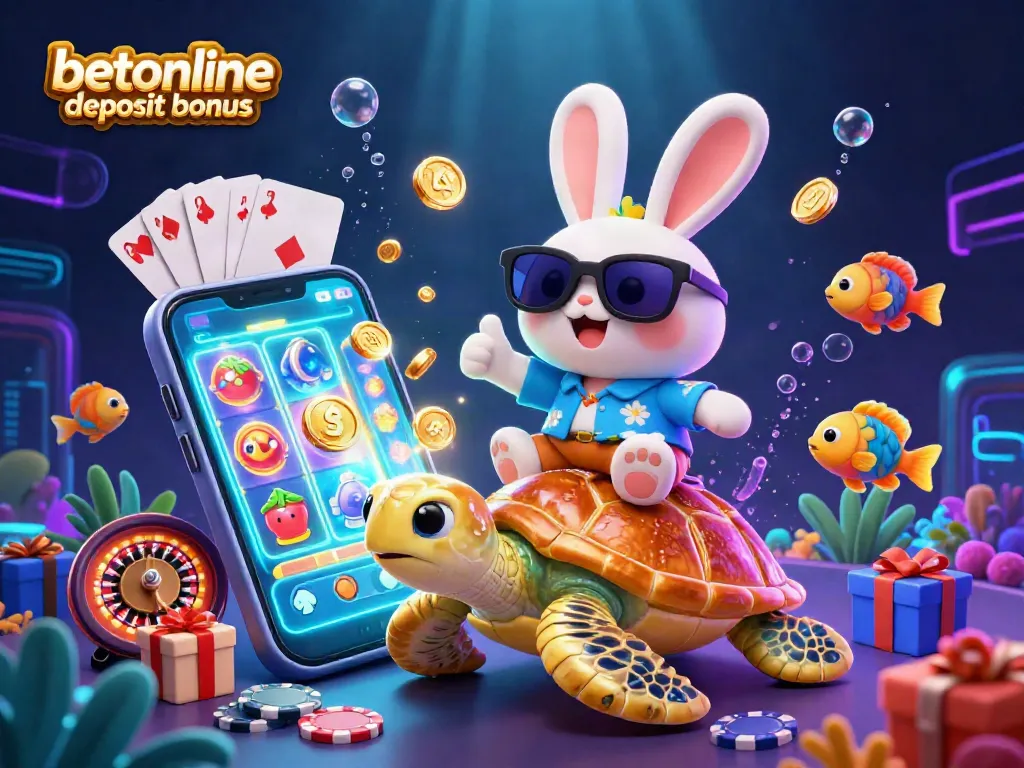 Experience the excitement of the betonline deposit bonus with cheerful rabbit and golden sea turtle in a vibrant casino scene.