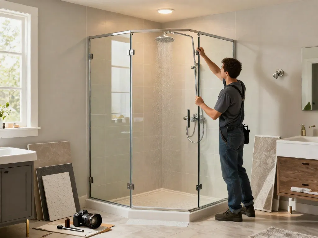 Bathroom remodeling contractor Kirkland installing a walk-in shower with contemporary finishes and natural light.