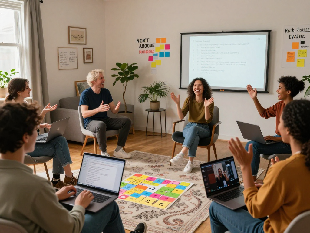 Participants in an online improv class laughing and engaging in a cozy home studio.