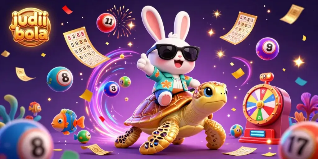 Experience the thrill of judi bola with a playful rabbit and golden turtle amidst fun casino elements.