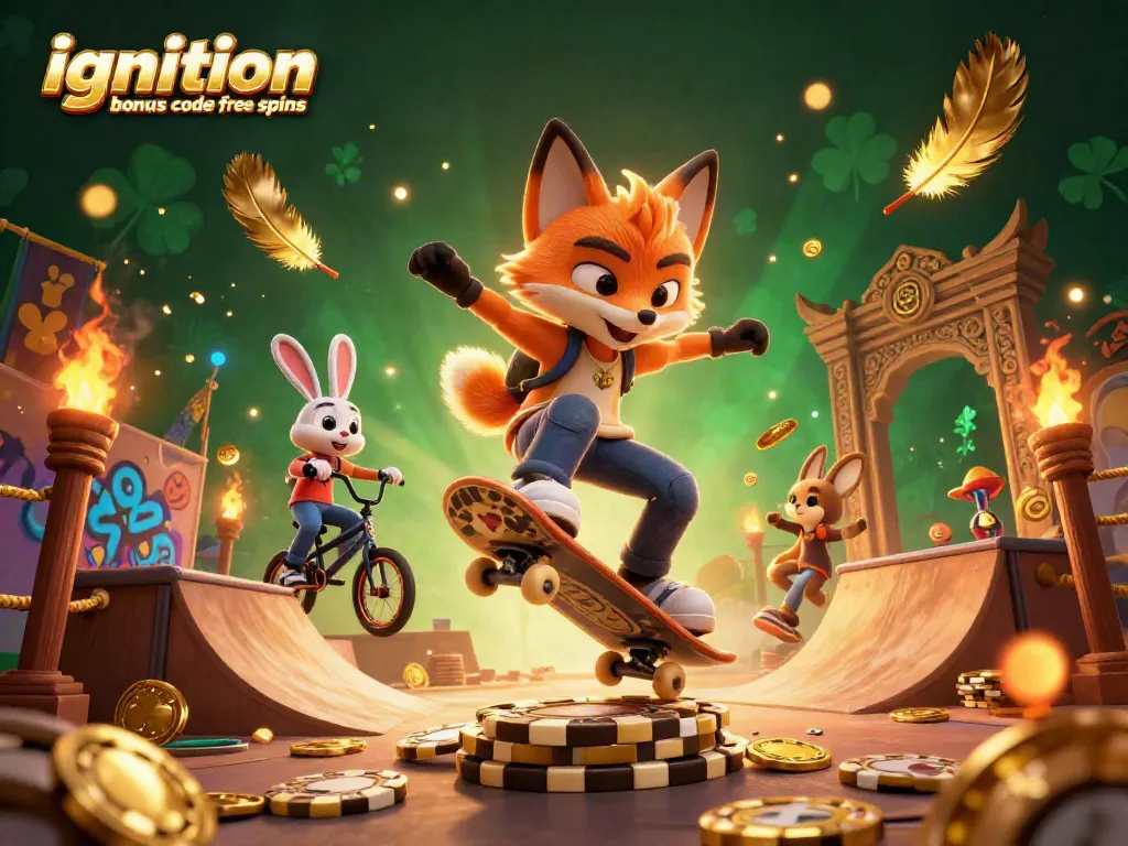 Engage with the ignition casino bonus code free spins in a vibrant 3D scene featuring a fox and rabbit amongst casino-themed elements.