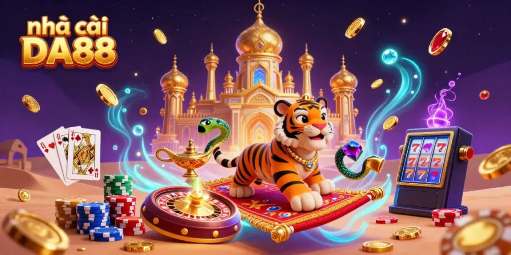 Bet on excitement with nhà cái DA88, featuring a dynamic illustration of a 3D cartoon tiger sultan, golden coins, and casino elements.