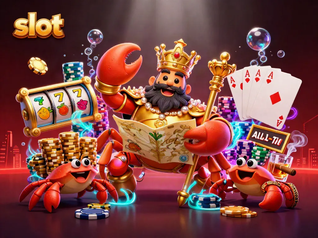 Slot menarik dengan karakter kepiting emas dan simbol, mewakili dunia perjudian.
