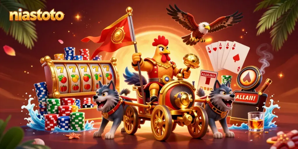 Experience the excitement of niastoto with a vibrant 3D illustration featuring a rooster warlord in a casino setting.